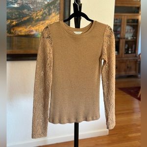 Sundance Cotton/Cashmere Camel color sweater with lace sleeves Size S